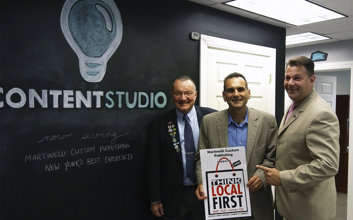 Pete Bardunias, Thomas Martinelli, and Frank M. Castella Jr., in the new office of Content Studio at Martinelli Custom Publishing.