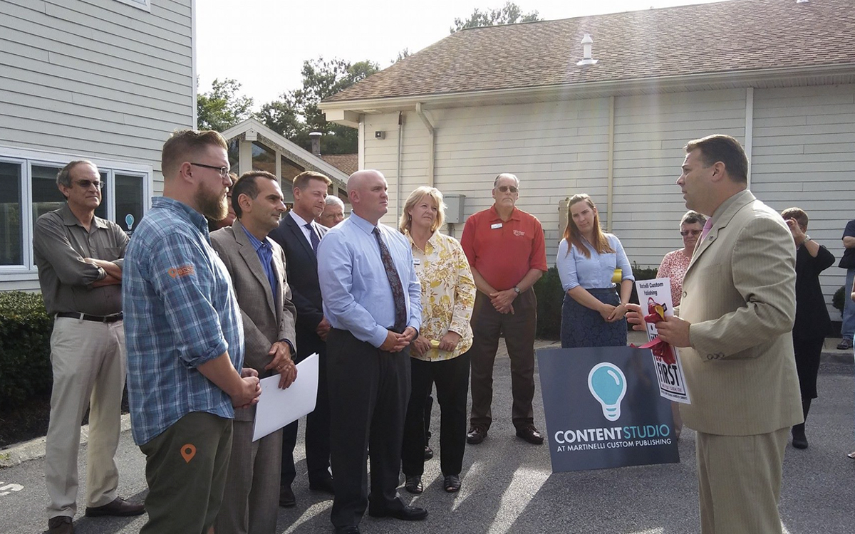 Frank M. Castella Jr., President and CEO of Dutchess County Regional Chamber of Commerce giving a congratulatory speech at the Content Studio ribbon cutting.